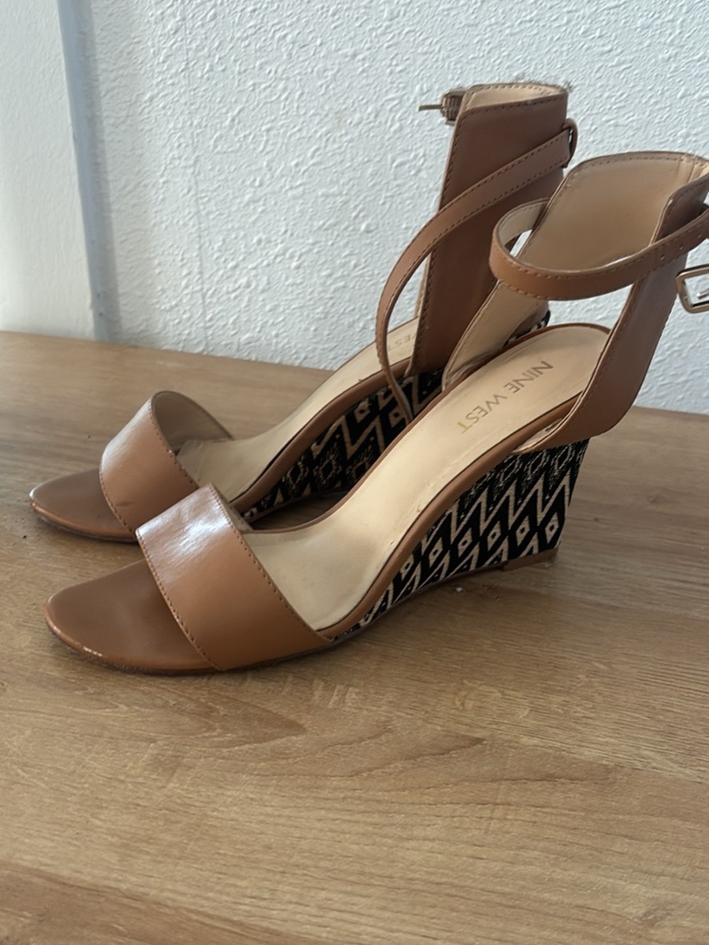 Nine West Cognac Wedge Sandals with Patterned Heel